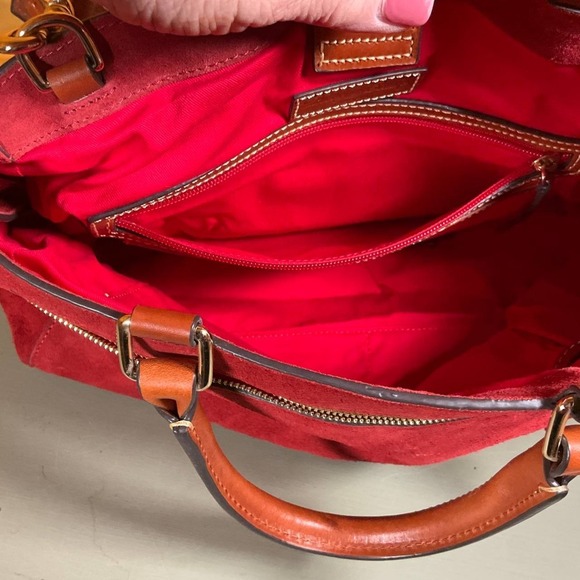 Dooney & Bourke Suede Zip Satchel Crossbody Bag Red Double Handle Pockets Footed - Picture 9 of 11